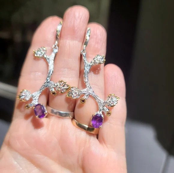 Amethyst & Sapphire floral sterling & gold dramatic earrings - Picture 3 of 6